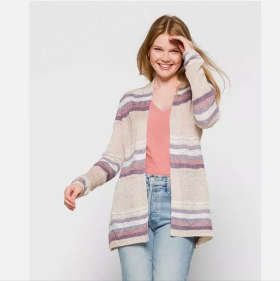 Lety & Me Sweaters - Lety & Me Cream and Purple Striped Crochet Knit Cardigan Sweater Size Medium